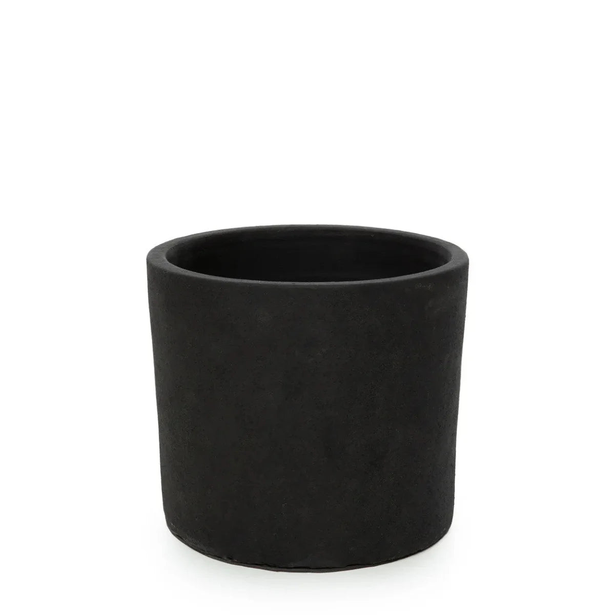 Pot en terre cuite noir sur socle bois teck H36 cm, cylindre en noir mat avec finition lisse