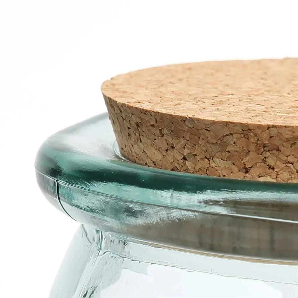 Pot en verre bleu avec bouchon en liège pour stockage élégant et pratique