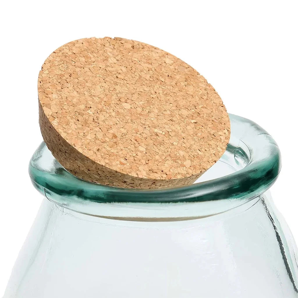 Pot en verre bleu avec bouchon en liège, design élégant et pratique