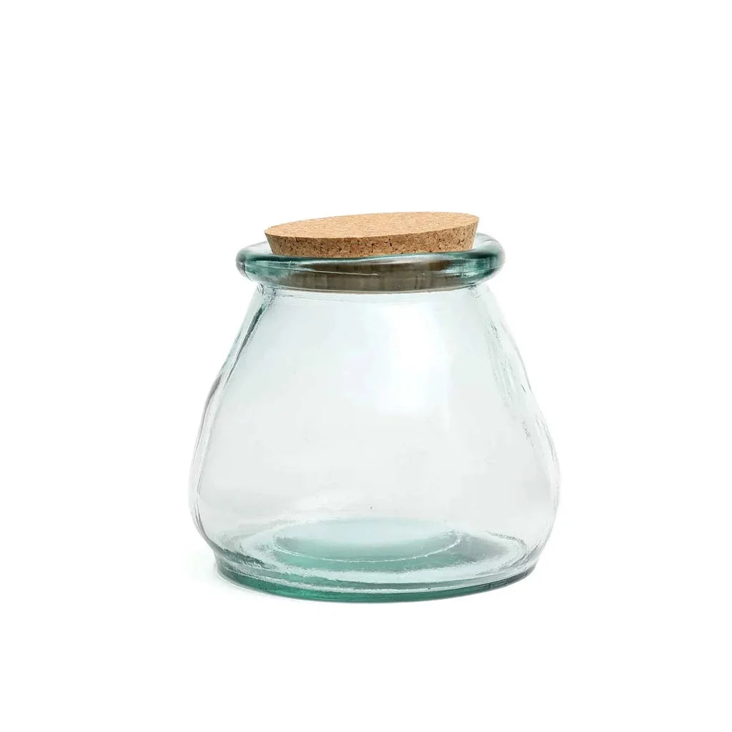 Pot en verre bleu avec bouchon en liège, élégant et pratique pour le stockage