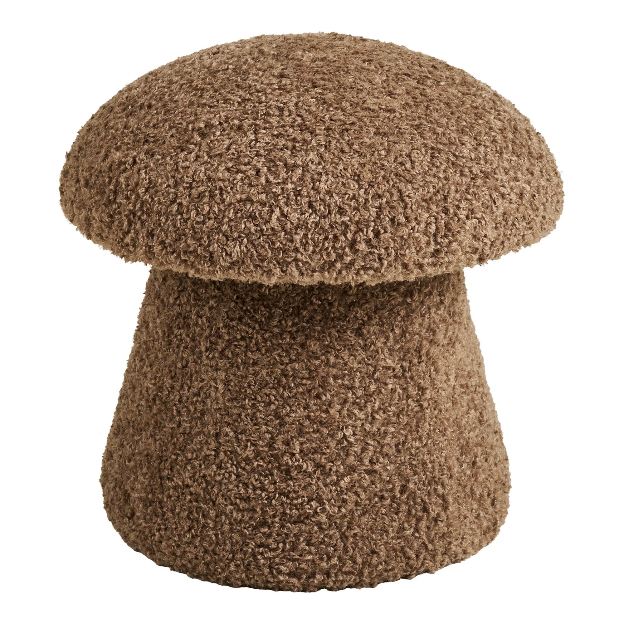 Pouf bouclé brun en forme champignon, texture chaleureuse, Ø45 cm