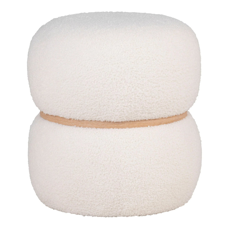 Pouf bouclé écru forme champignon avec ceinture bois clair – Ø38x41 cm