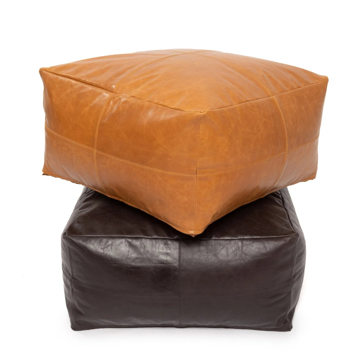 Pouf carré en cuir marron chocolat avec deux poufs empilés, tan et foncé brun