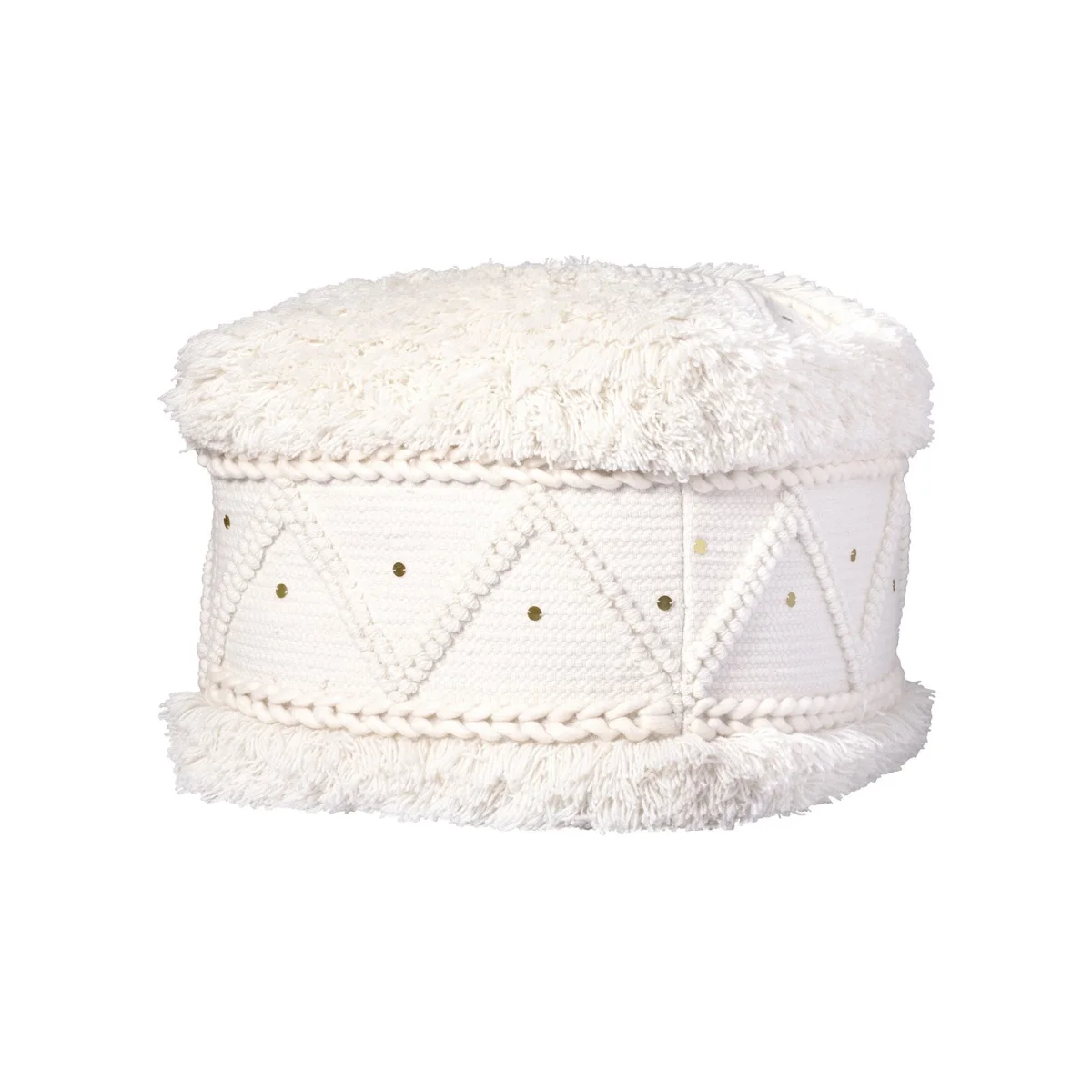 Pouf carré en laine écrue avec motifs losanges, paillettes, et accents dorés 50x50 cm