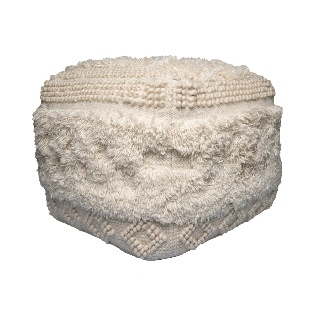 Pouf carré en laine écrue avec franges, pompons, texture shaggy et bobble knit
