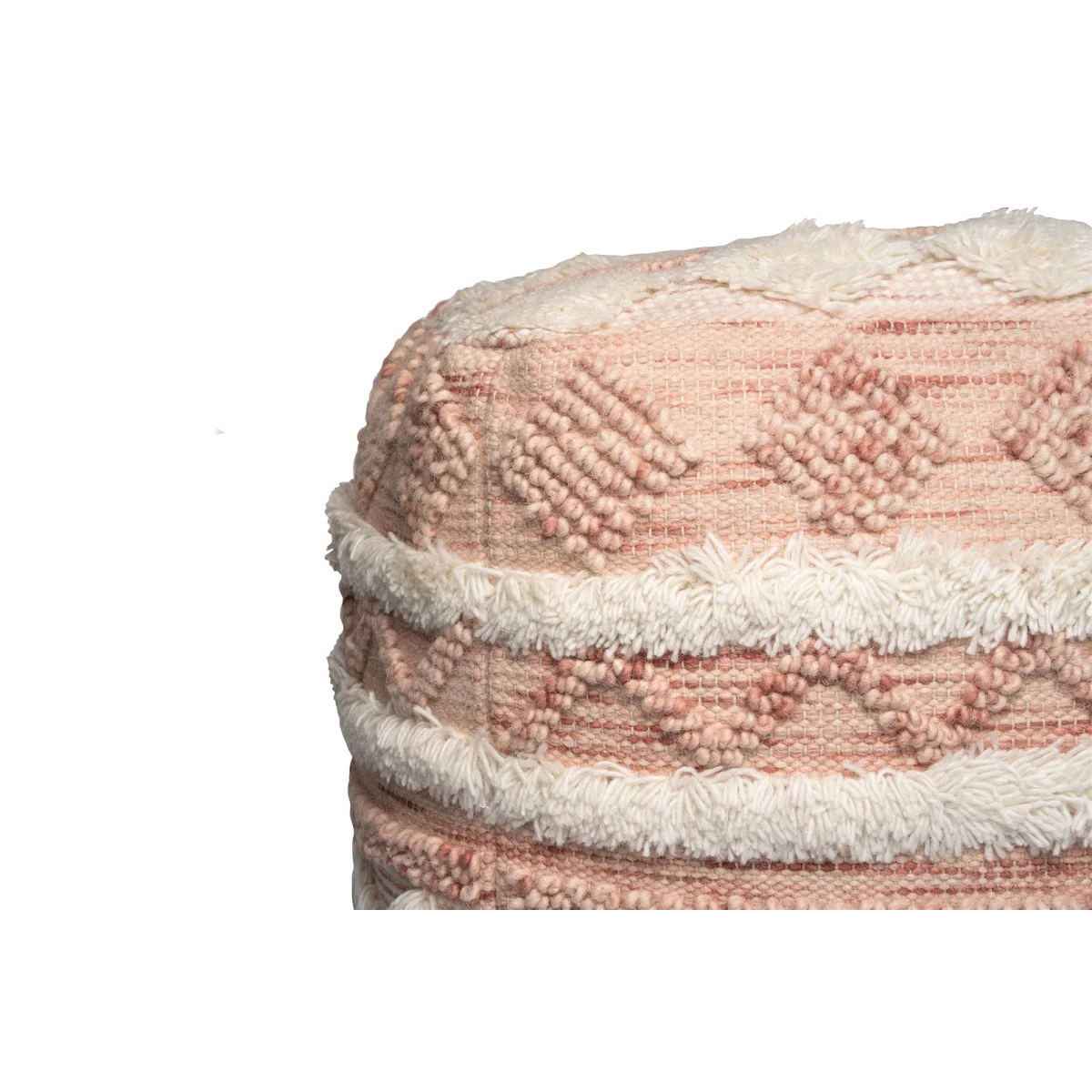 Pouf carré tissé rose et crème à franges en laine, rond, texturé, 50x50 cm