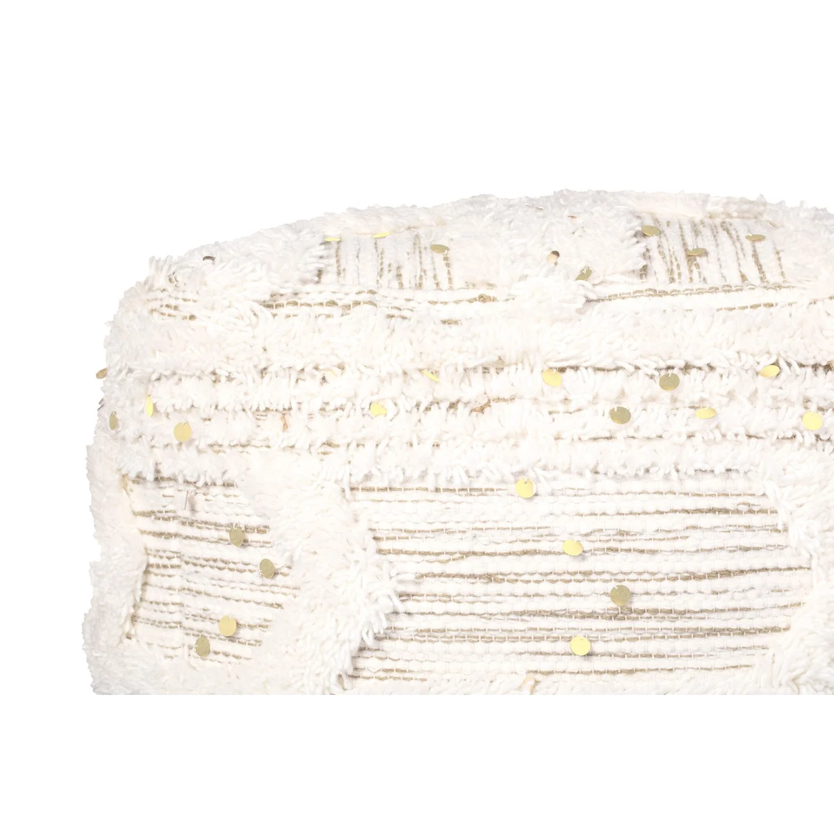 Pouf carré en coton crème khaki avec franges et sequins or et blanc, 50x50 cm