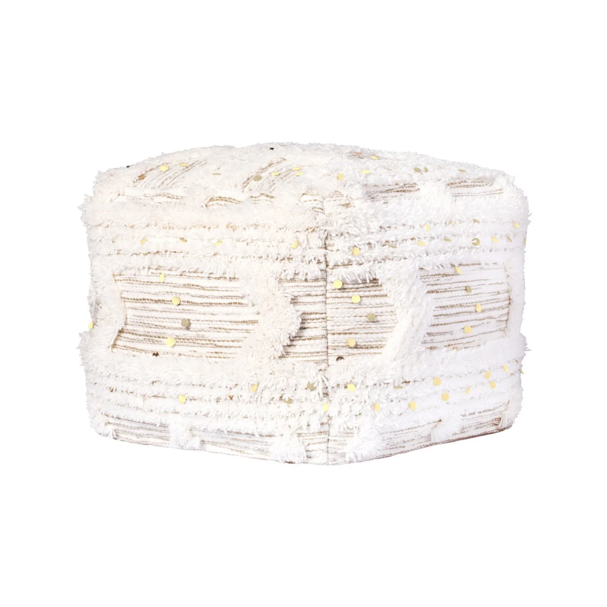 Pouf carré en coton crème khaki avec franges, paillettes et texture shaggy 50x50 cm