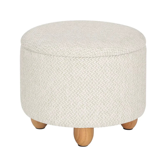 Pouf de rangement rond couleur crème fermé avec pieds en bois massif.