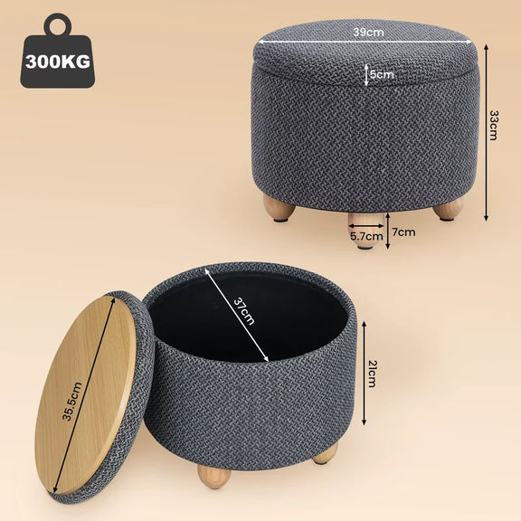 Dimensions et capacité du pouf de rangement rond, supportant jusqu’à 300 kg.