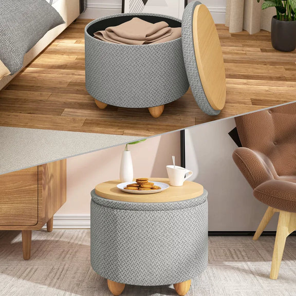 Pouf de rangement rond gris servant de coffre de rangement et de table d’appoint.
