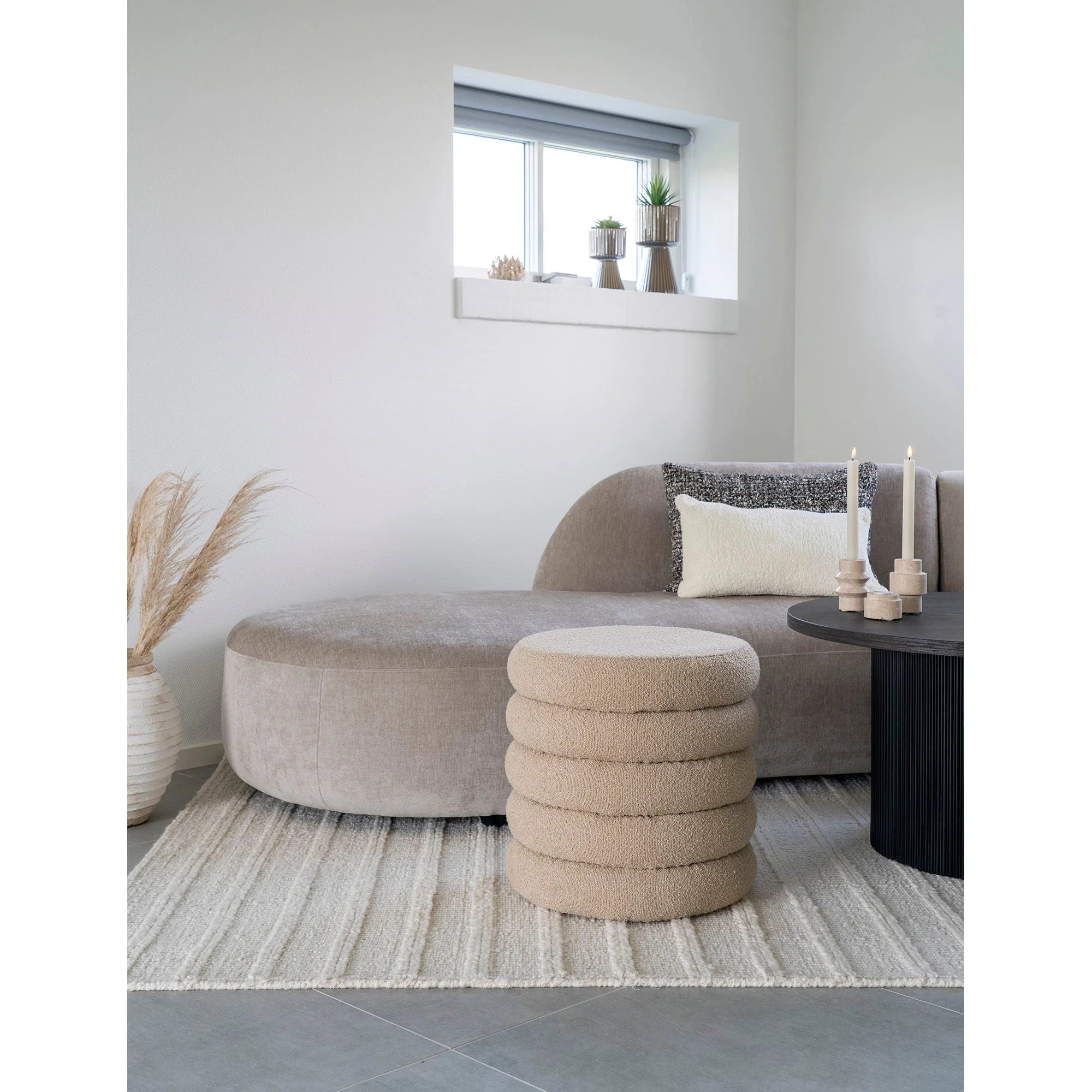 Poufs rond bouclé beige avec rangement discret Ø44 cm