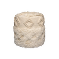 Pouf rond écru en laine et coton avec texture à motifs diamant et franges shaggy