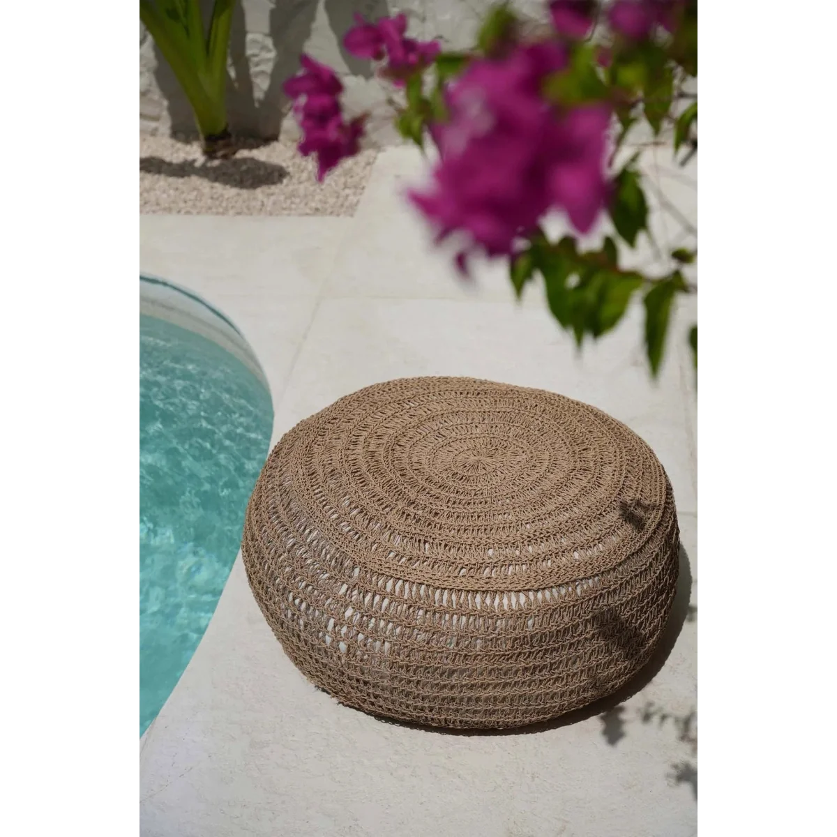 Ottoman rond en herbe marine naturelle en jute tissé extérieur Ø60 cm