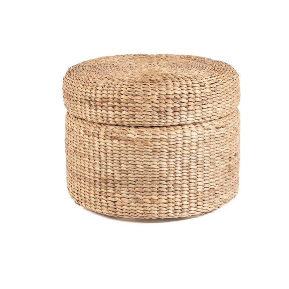 Pouf rond en jacinthe d’eau avec rangement, ottoman de 60x45 cm élégant et pratique