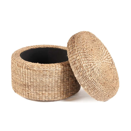 Pouf rond en jacinthe d’eau avec rangement et couvercle amovible 60x45 cm