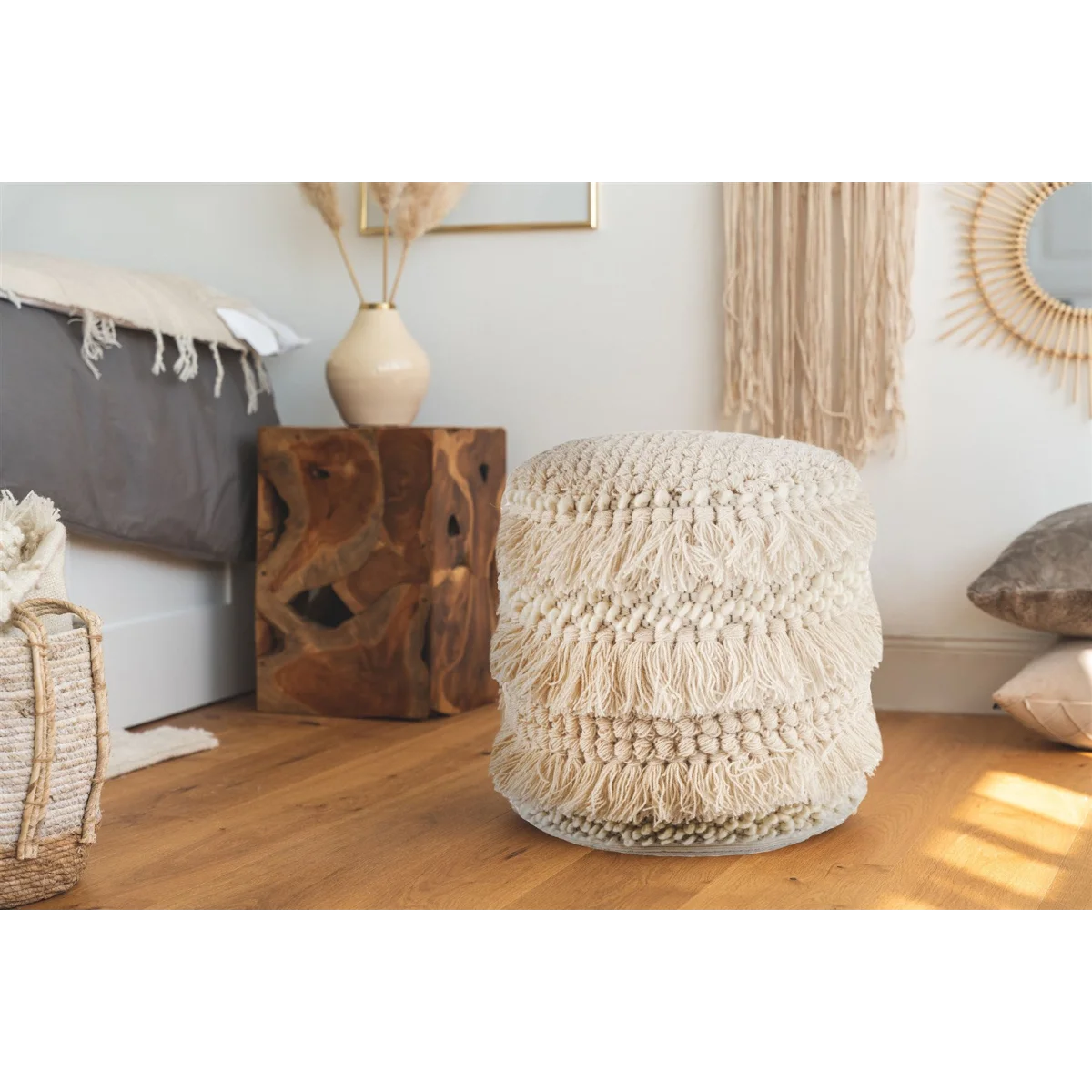 Pouf rond en laine écrue avec franges et pompons, diamètre 35 cm