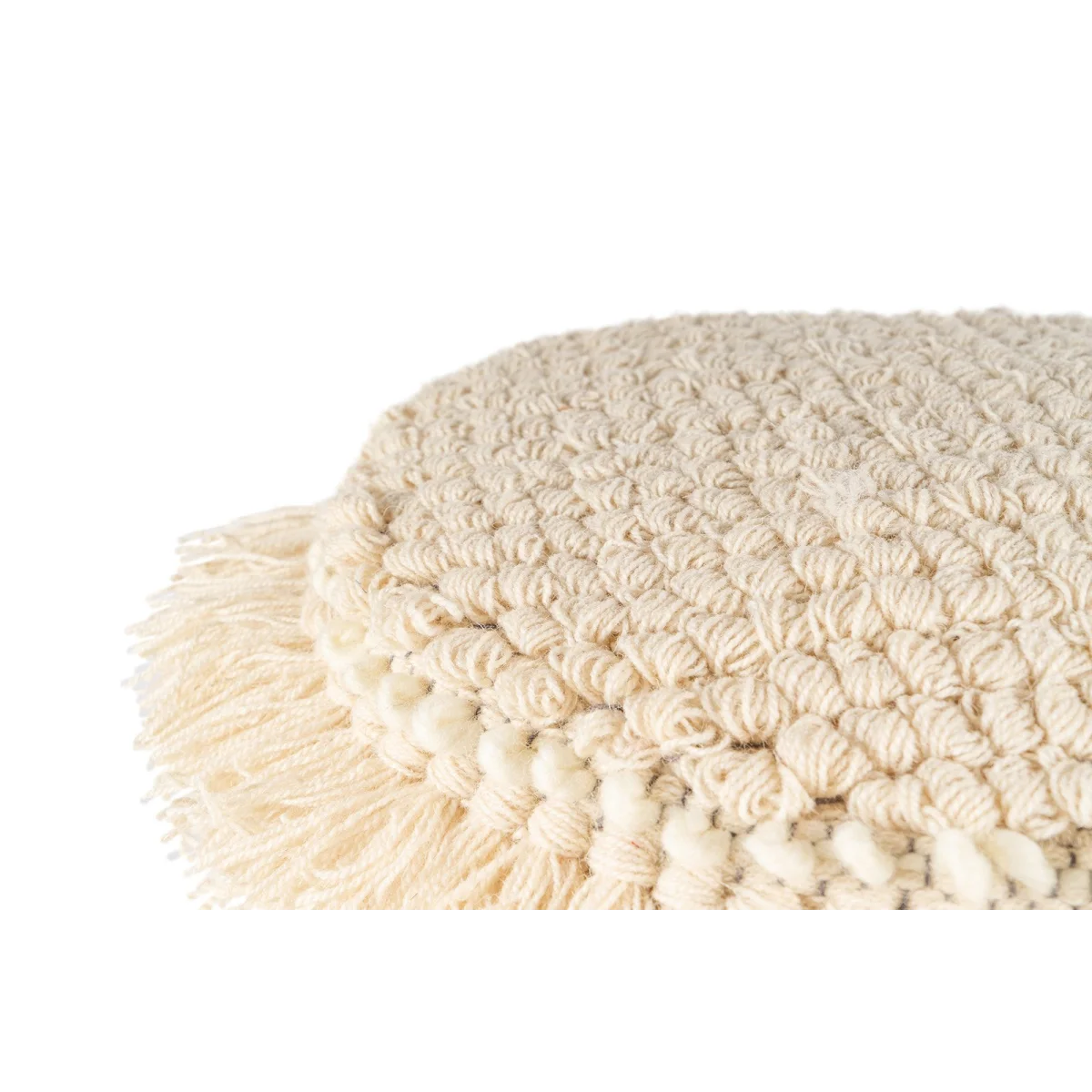 Pouf rond en laine écrue avec franges et pompons, diamètre 35 cm