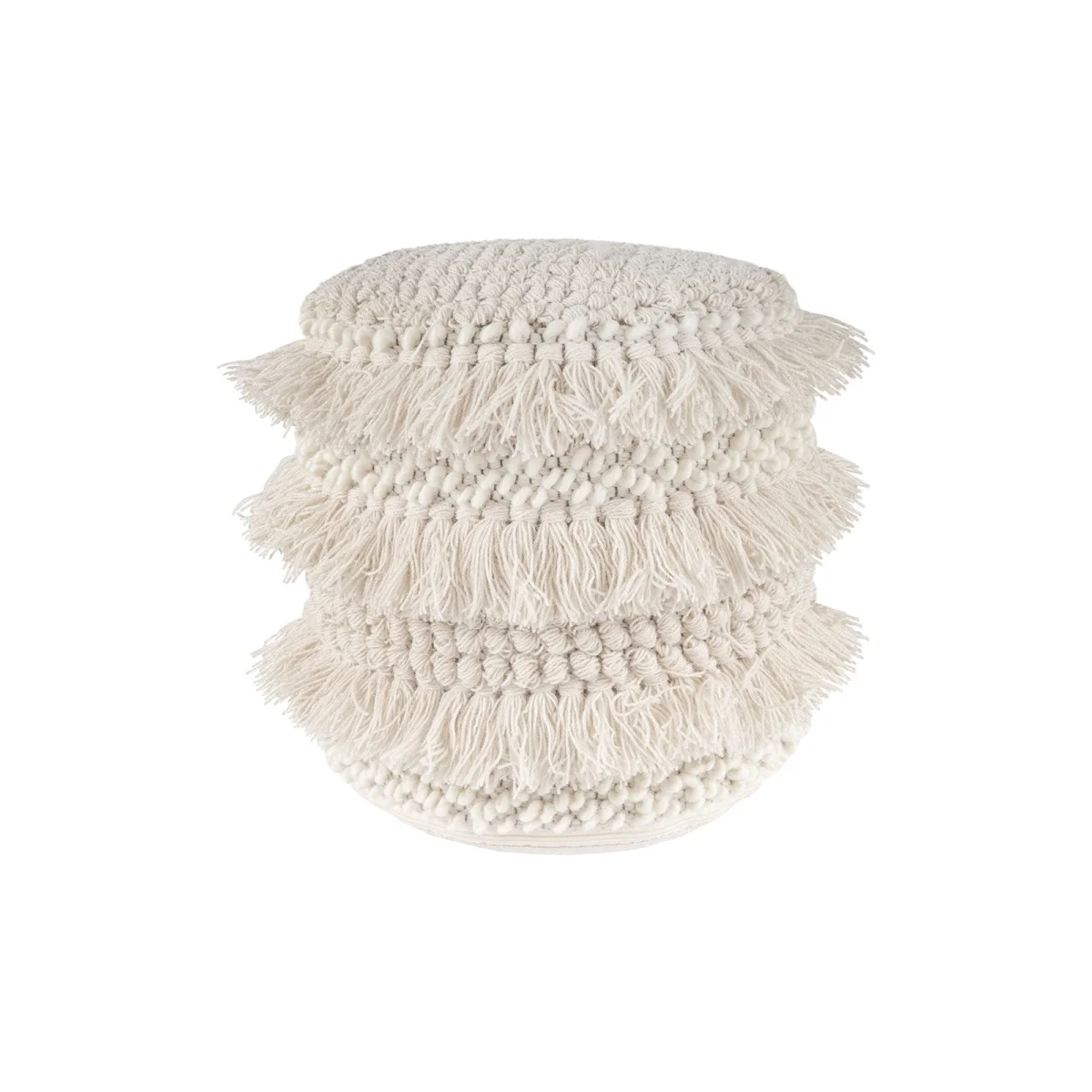 Pouf rond en laine écrue avec trois couches de franges et pompons, Ø35 cm