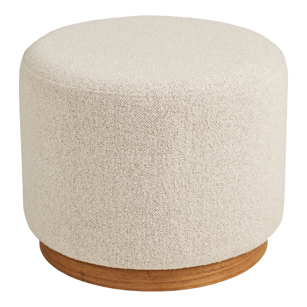 Pouf rond en tissu bouclé beige clair avec base en bois naturel, diamètre 50 cm