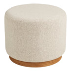 Pouf rond en tissu bouclé beige clair et bois naturel Ø50 cm