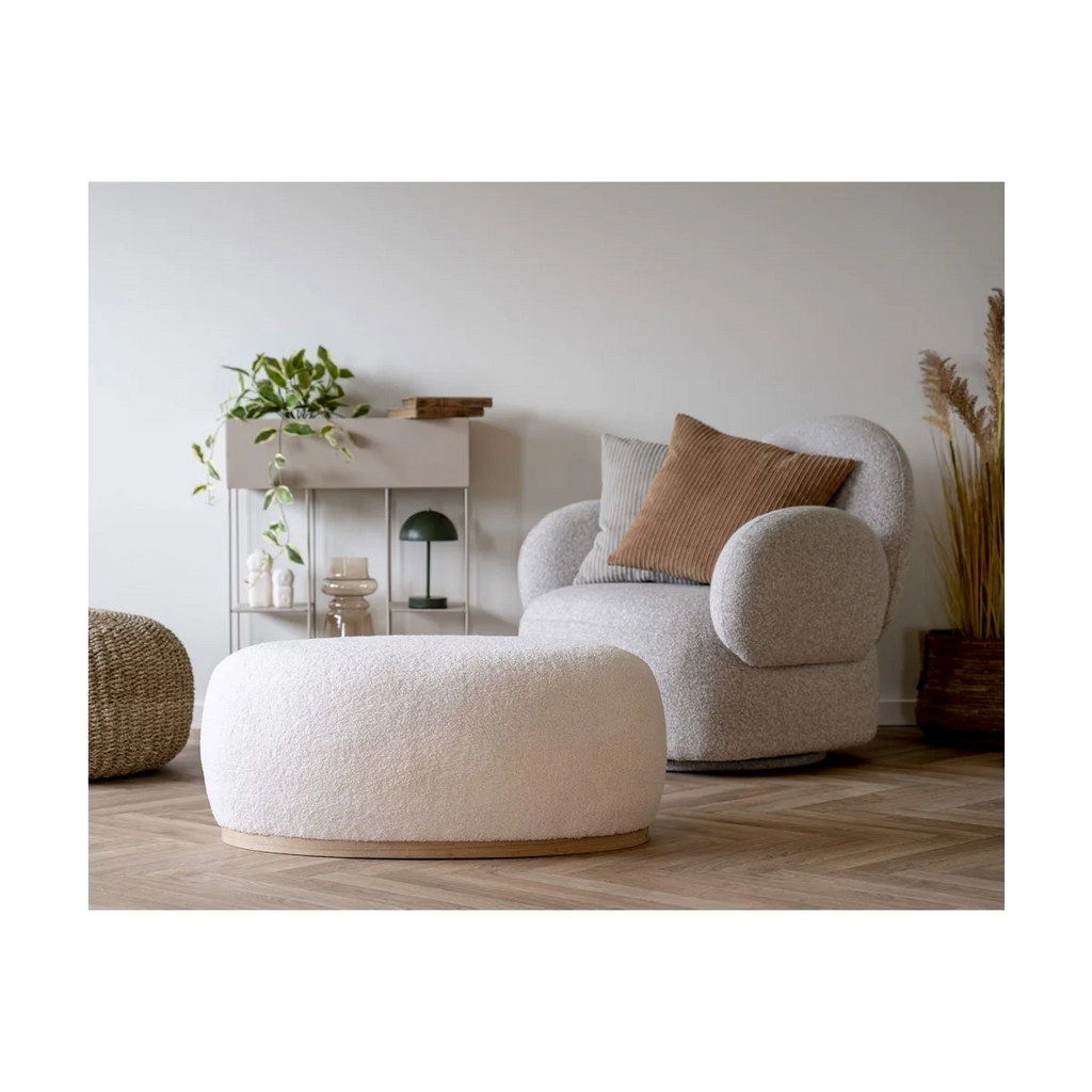 Pouf rond en tissu bouclé blanc crème, base bois clair, 54x88 cm