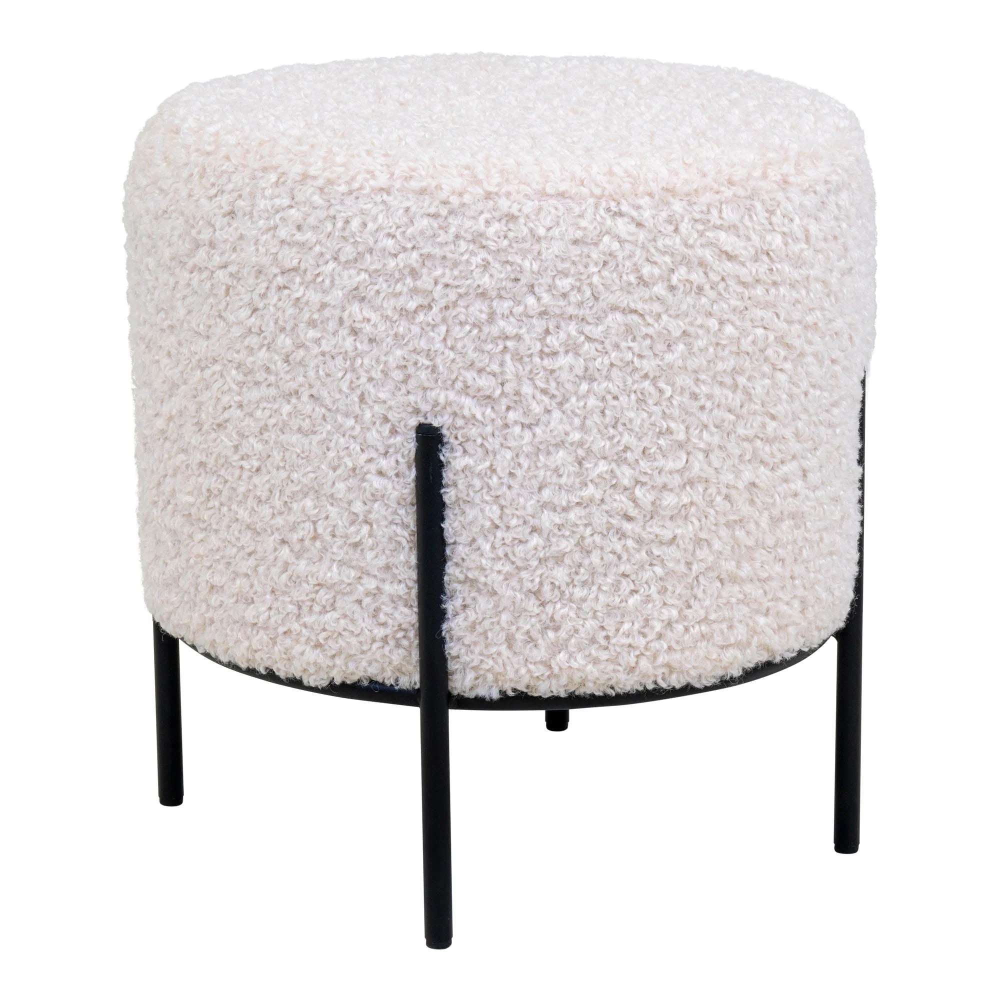 Poufs rond en tissu bouclé écru avec pieds métal noir, Ø35,5 cm