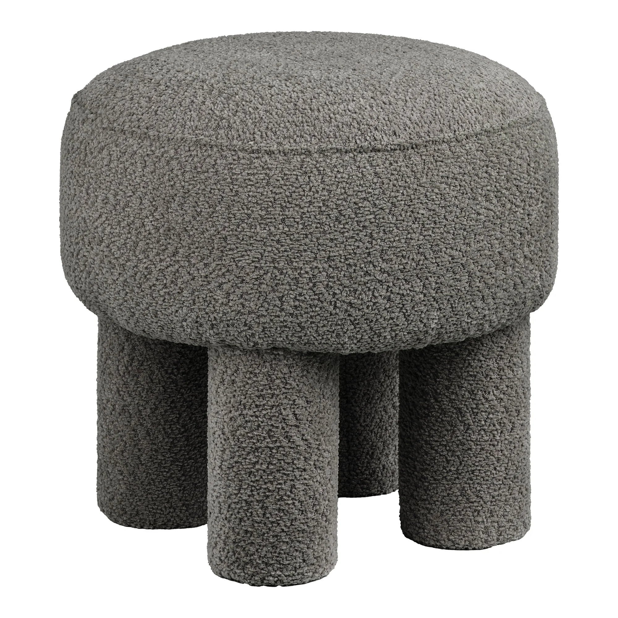 Pouf rond en tissu bouclé gris foncé avec pieds cylindriques, diamètre 43 cm