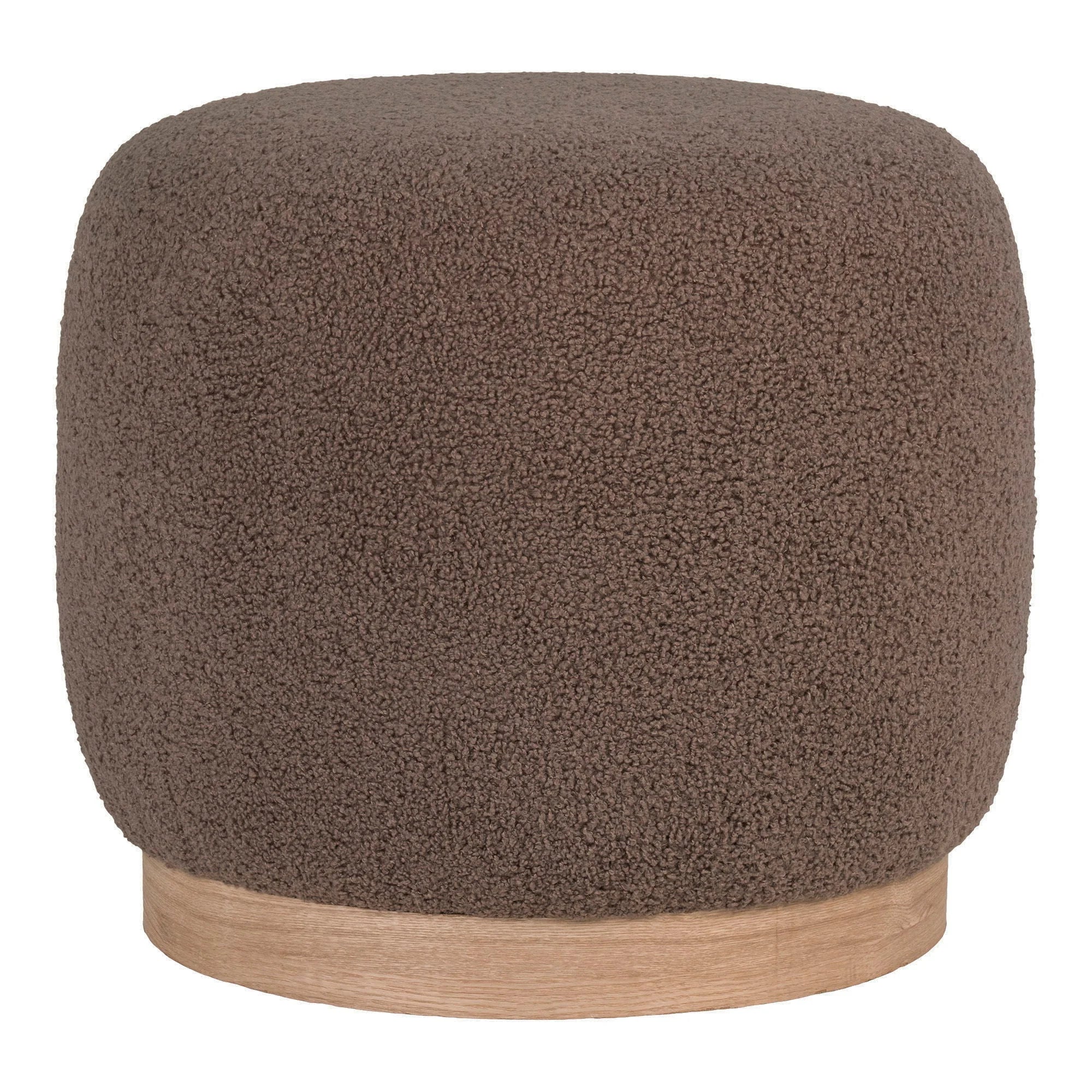 Poufs rond en tissu bouclé marron avec socle en bois clair, Ø44,5 cm