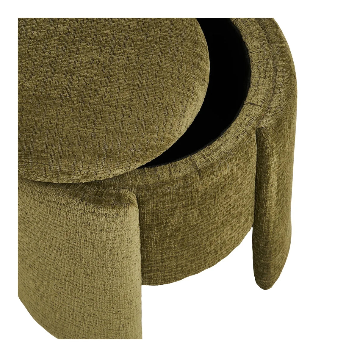 Ottoman de rangement rond en tissu vert olive avec couvercle partiellement ouvert