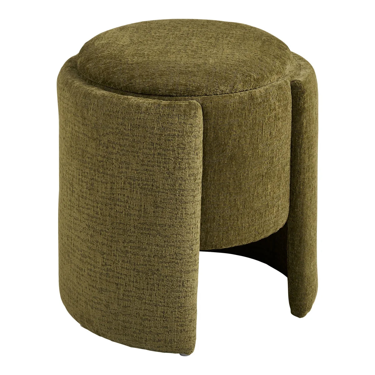 Pouf rond en tissu vert texturé avec base ajourée, diamètre 42 cm