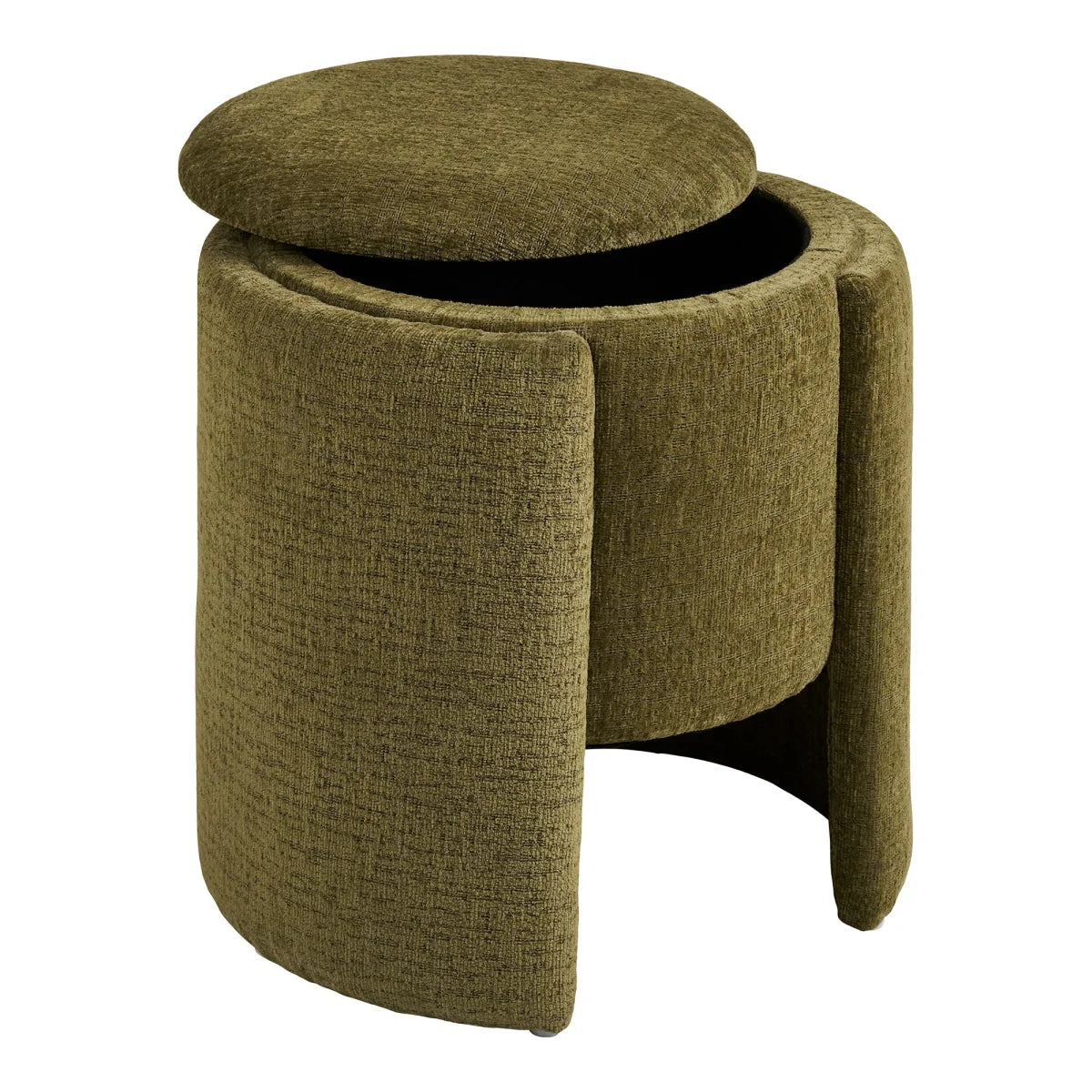 Pouf rond en tissu vert texturé avec base ajourée et ottoman de rangement amovible