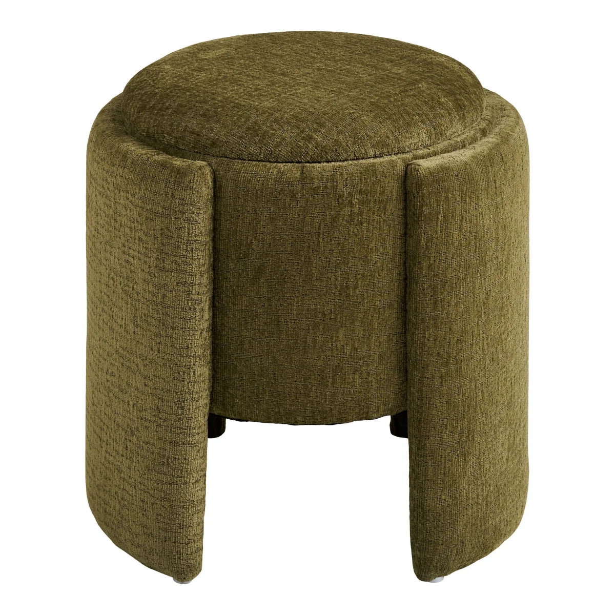 Pouf rond en tissu vert texturé avec base ajourée et espace de rangement