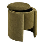 Pouf rond vert olive texturé, Ø42 cm, stockage rembourré