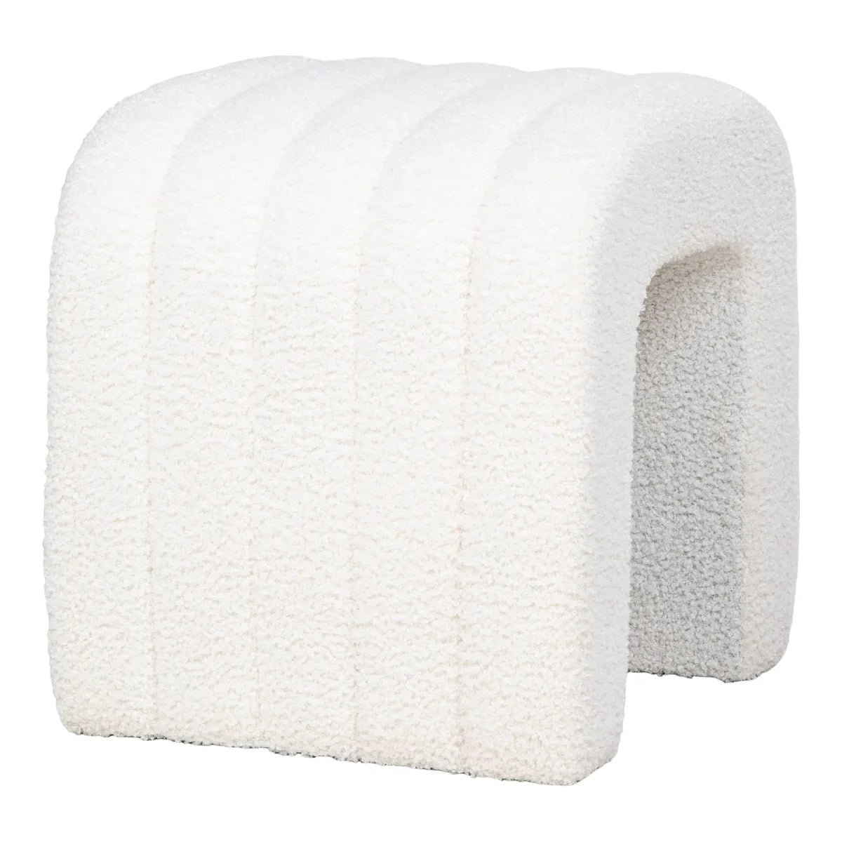 Tabouret pouf en tissu bouclé blanc crème, forme ondulée, 41x36,5 cm