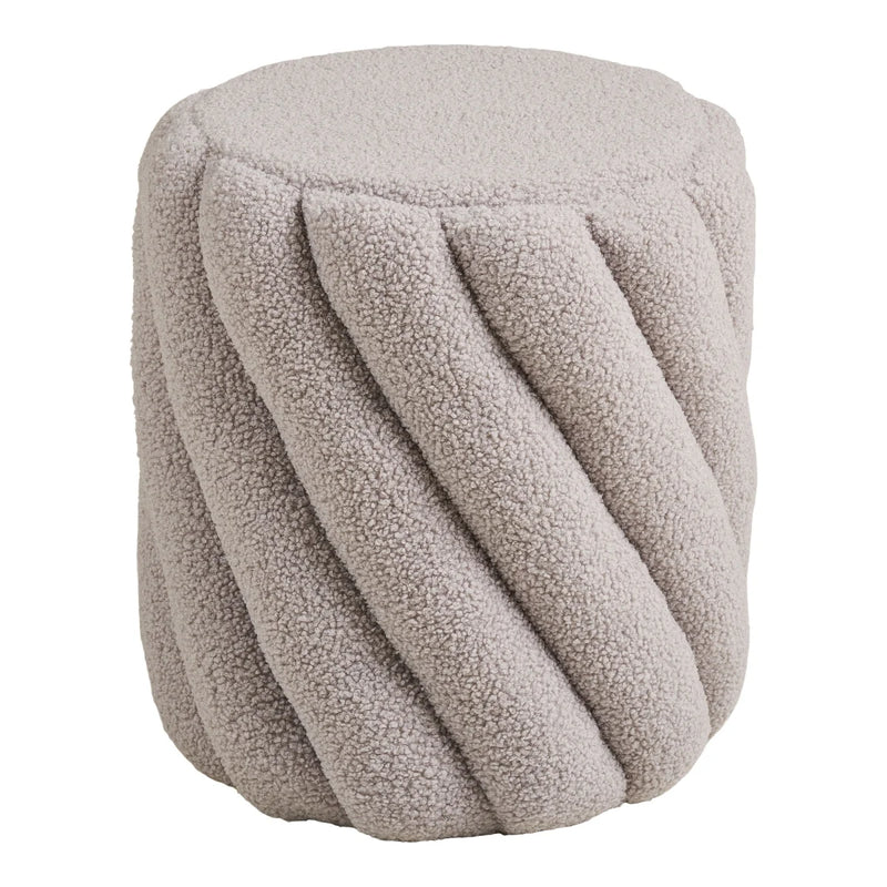 Pouf tissu bouclé greige à relief torsadé cylindrique – Ø38xH40 cm