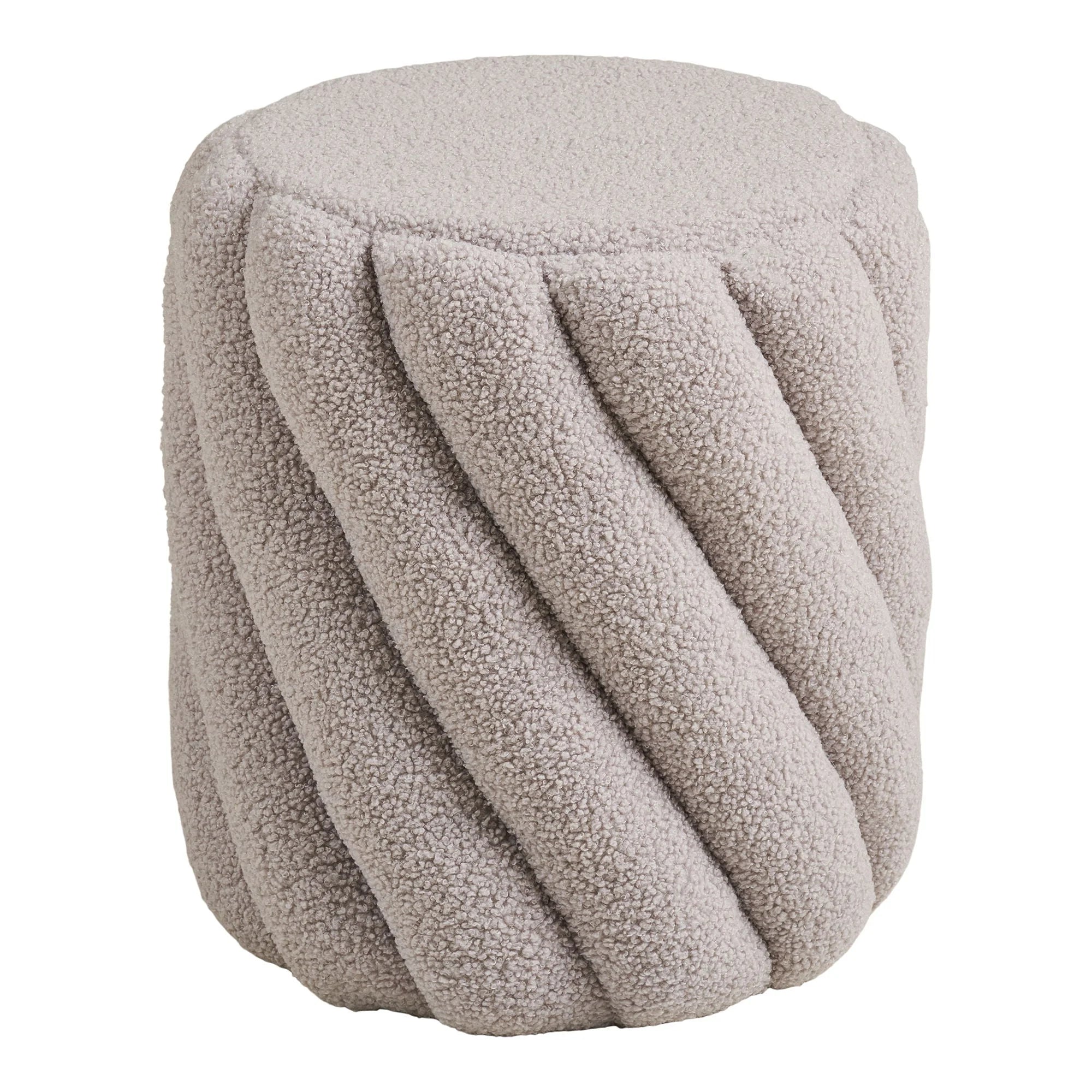 Pouf tissu bouclé gris clair à relief torsadé cylindrique Ø38xH40 cm