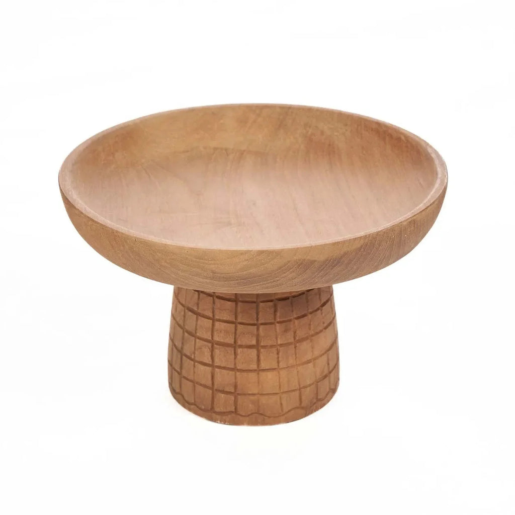 Présentoir à gâteau en bois naturel, pied gravé quadrillage, Ø24 cm