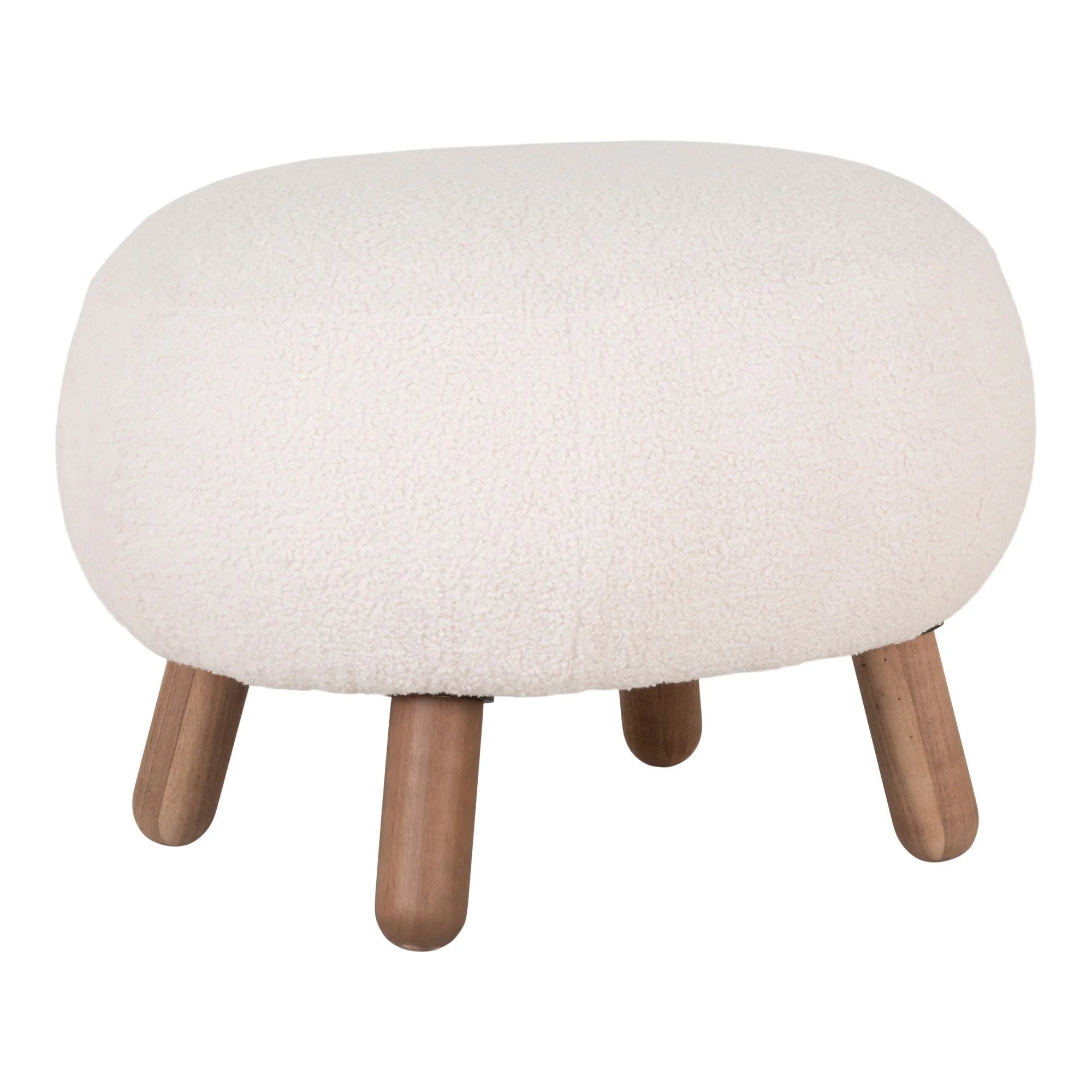 Repose-pieds rond en tissu bouclé écru avec pieds en bois naturel, H41 cm