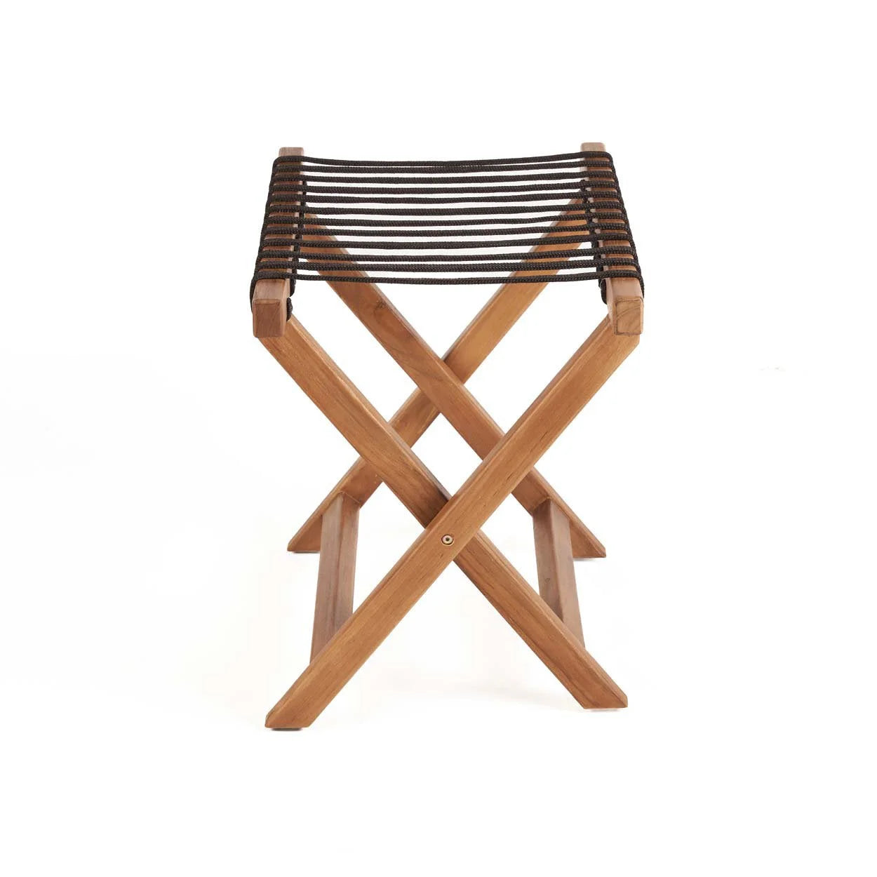 Tabouret pliant en teck avec assise tressée noire pour un style élégant et pratique
