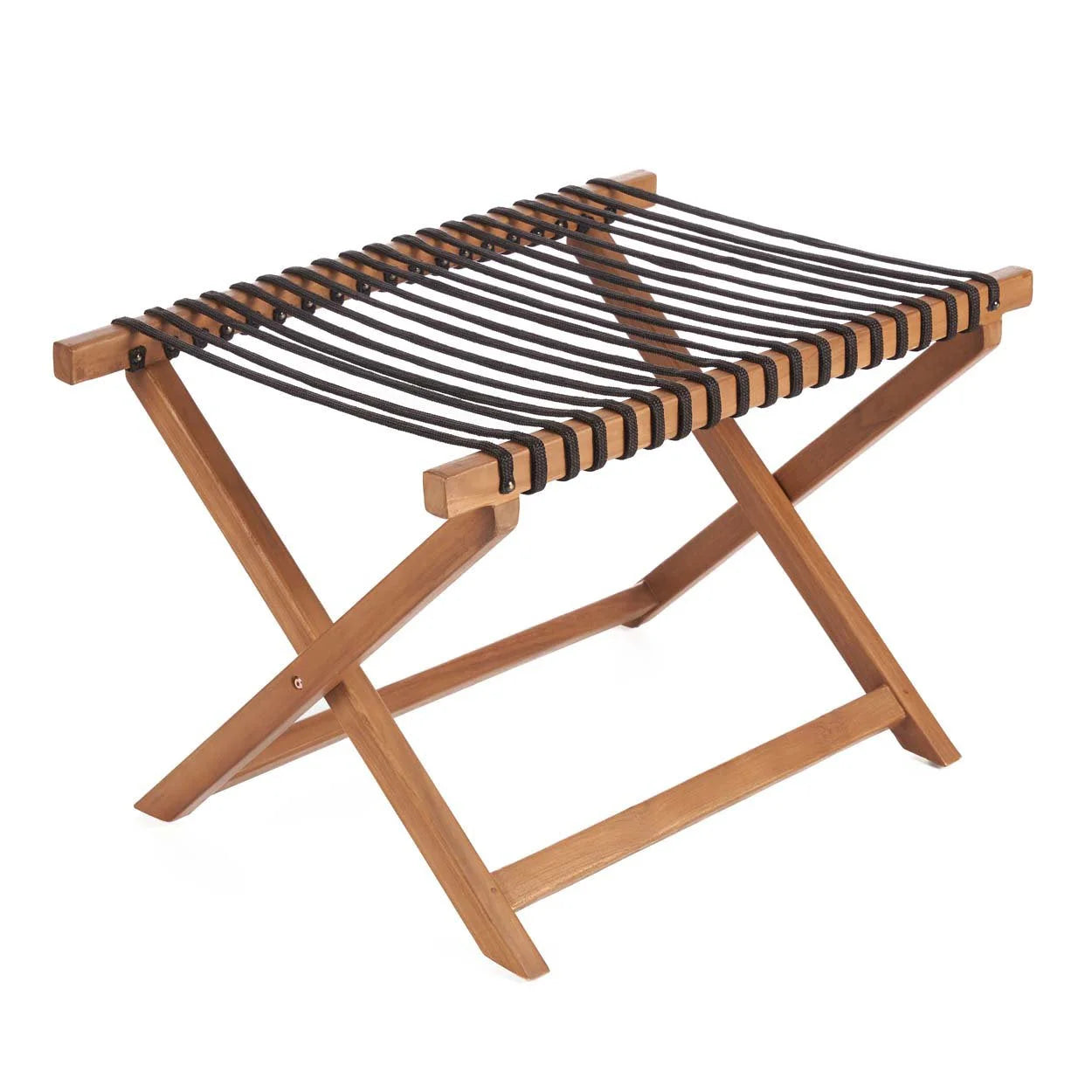 Tabouret pliant en teck avec assise tressée noire pour un style pratique et élégant