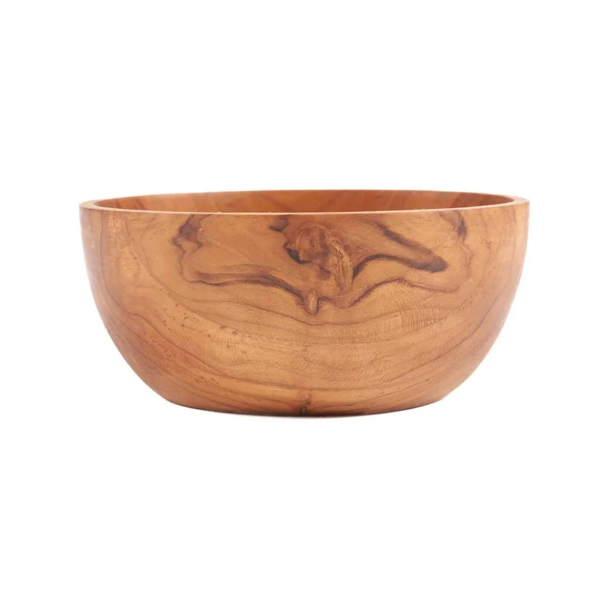 Saladier rond en bois de teck naturel avec veinures apparentes et grain visible