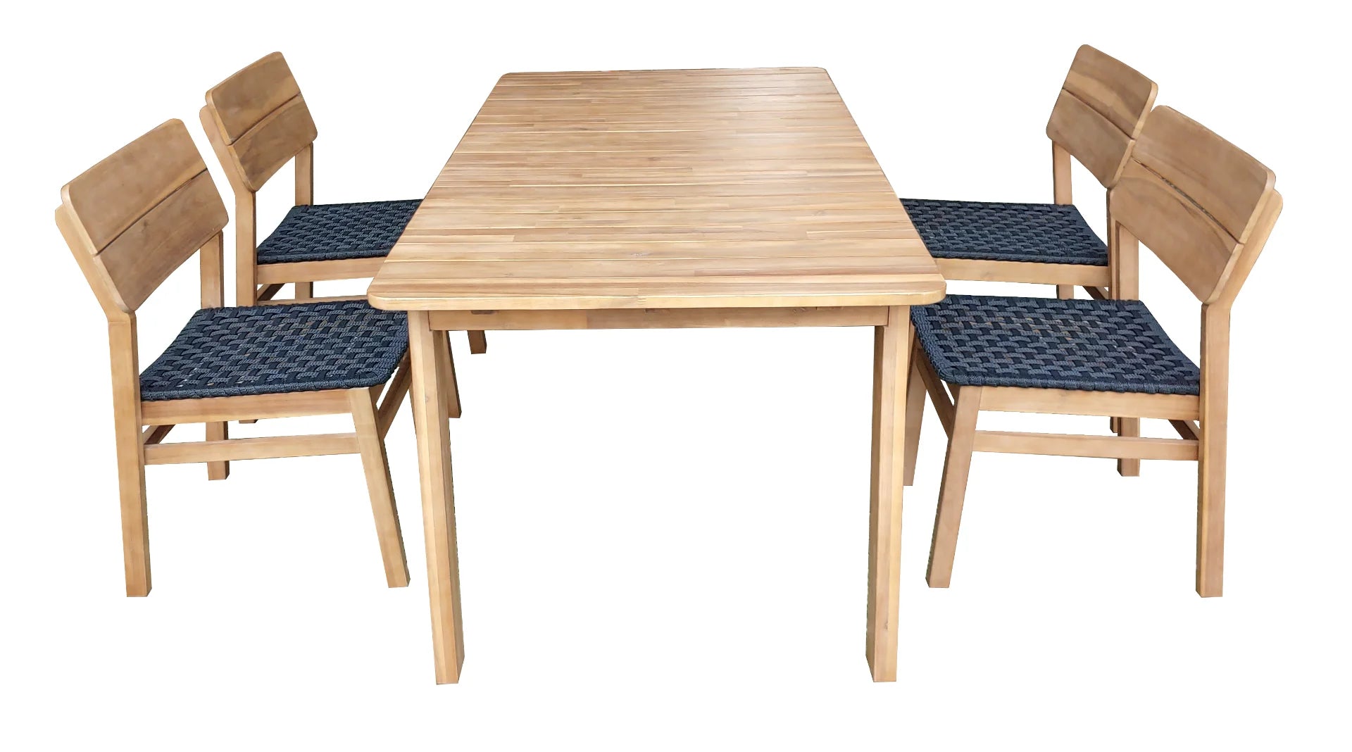 Salon de jardin acacia et corde bleue : table et 4 chaises bois clair