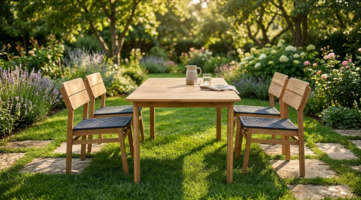 Salon de jardin acacia et corde bleue table et 4 chaises vue dos