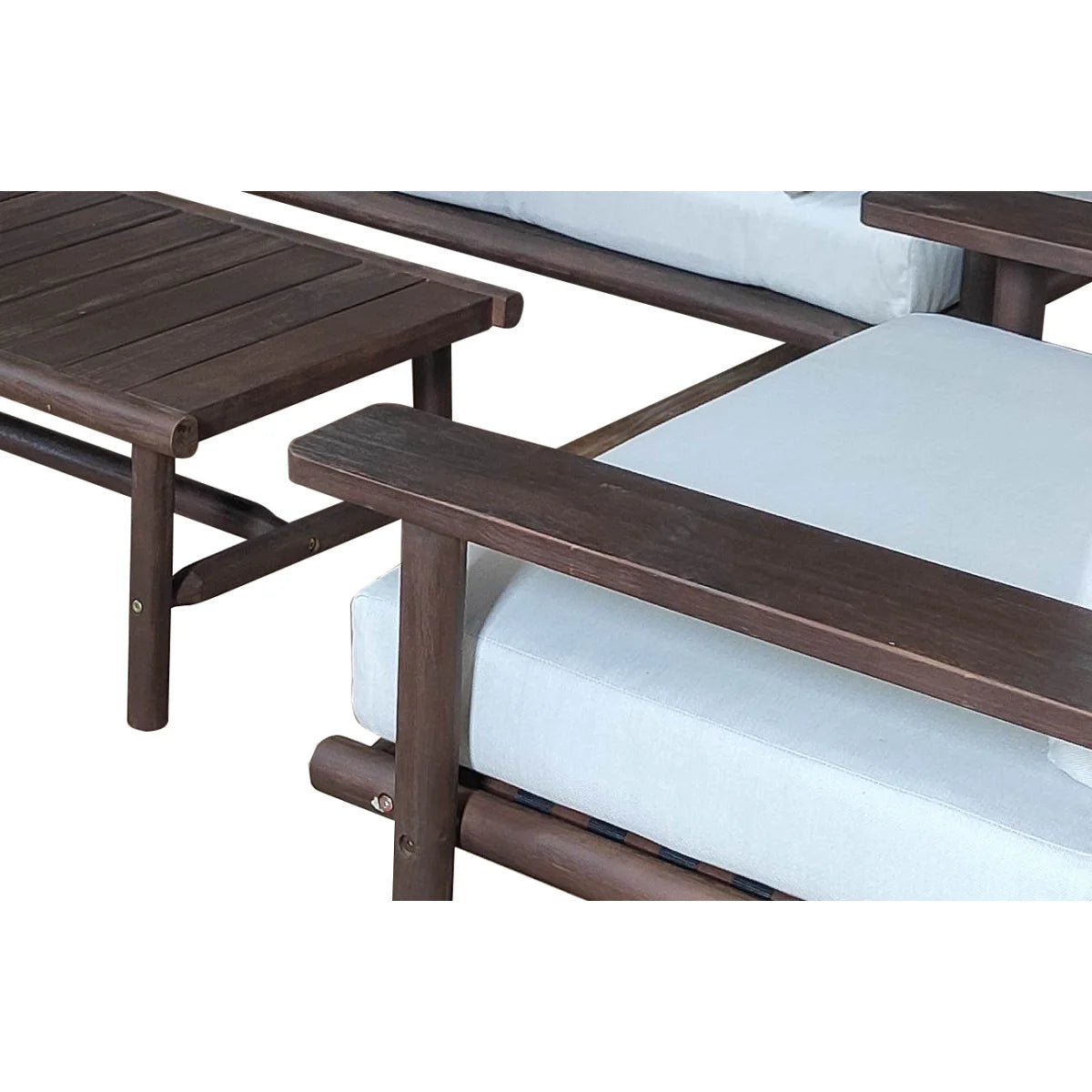 Salon de jardin en acacia massif bois foncé avec coussins écru, set de 4