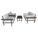 Ensemble de jardin en bois foncé d’acacia massif avec coussins blancs, set de 4