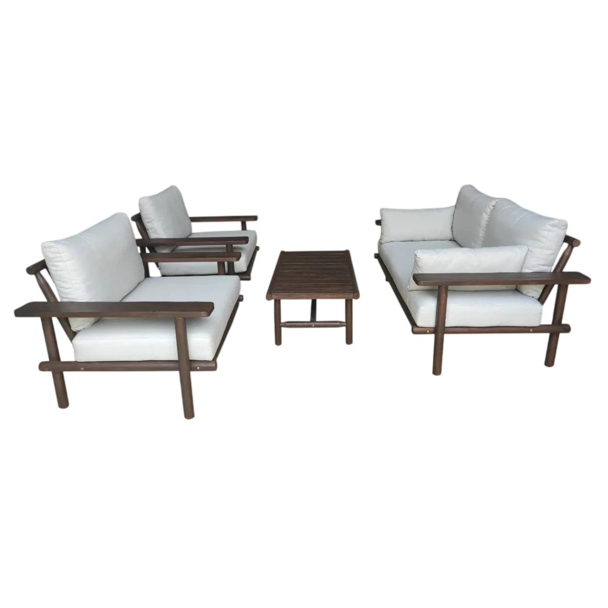 Ensemble de jardin en bois foncé d’acacia massif avec coussins blancs, set de 4