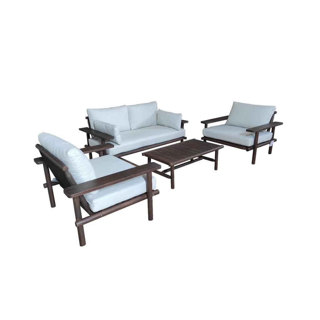 Salon de jardin en bois foncé d’acacia massif avec coussins écru