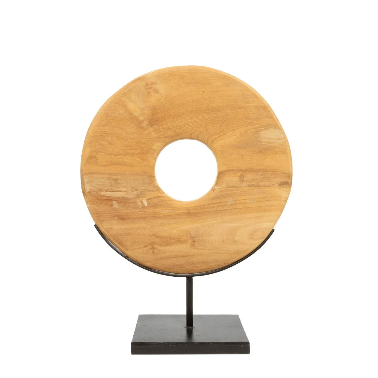 Sculpture décorative en teck naturel rond sur socle noir, hauteur 50 cm