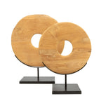 Sculpture décorative en teck naturel rond sur socle noir avec deux donuts en bois